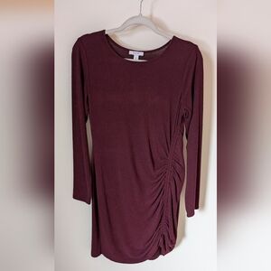 Burgundy Long Sleeve Ruched Sweater Dress